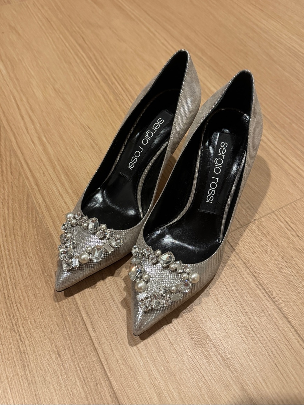 Sergio Rossi Silver Crystal & Pearl Pointed-Toe Pumps